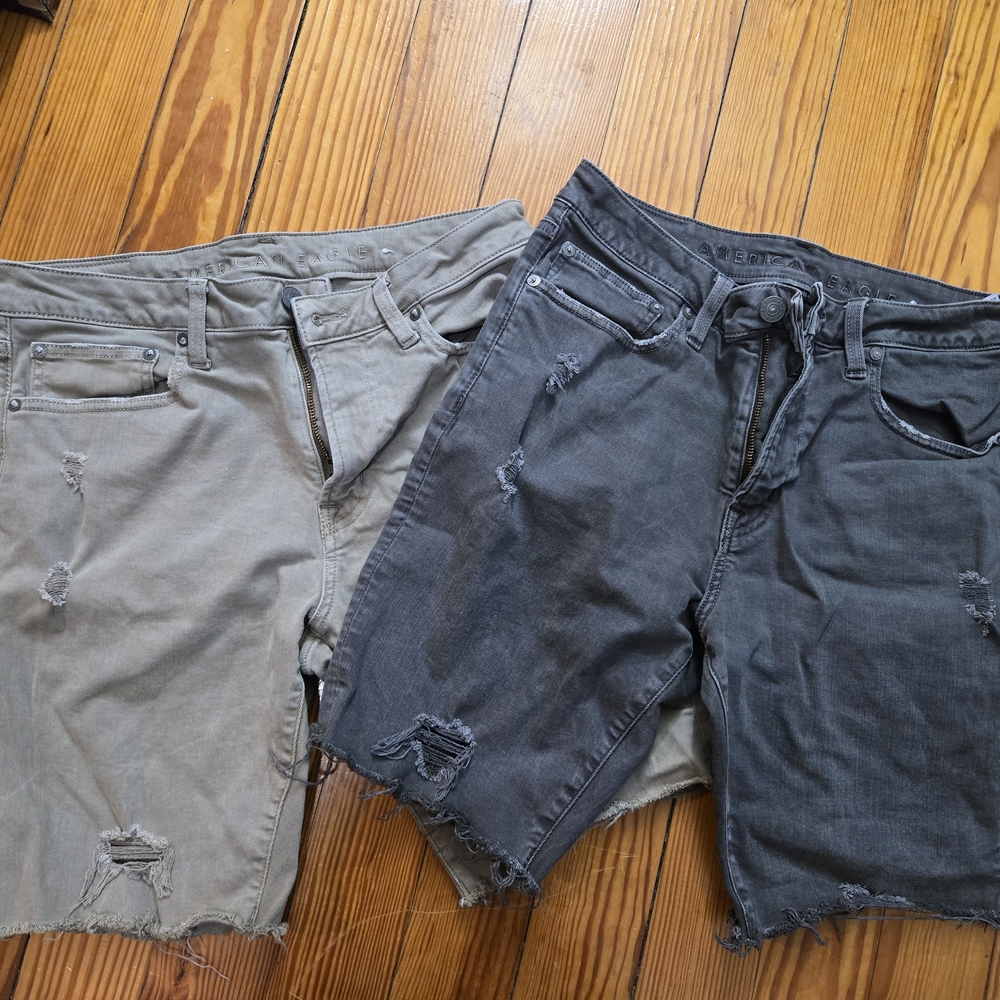 Men's Distressed Denim Shorts - Gray and Beige